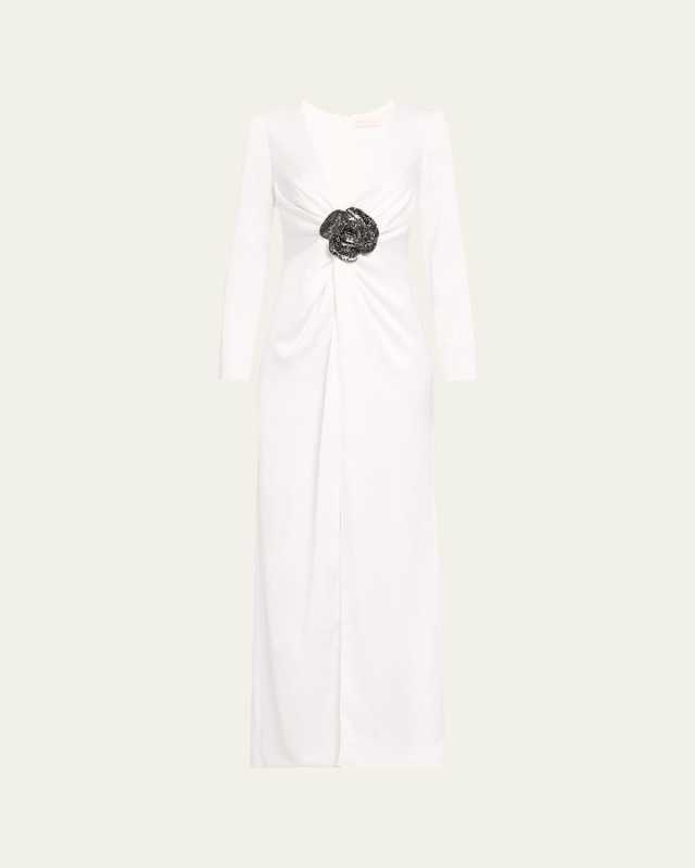 Daryl Deep V-Neck Floral Applique Column Gown